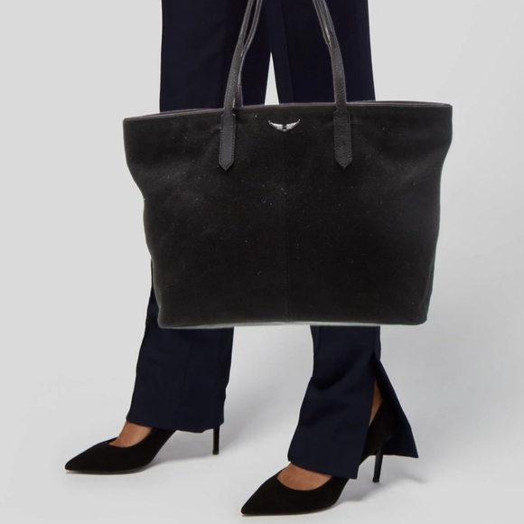 NEW Zadig & Voltaire Mink Wings Canvas Leather Black Tote Bag Purse - Picture 3 of 10